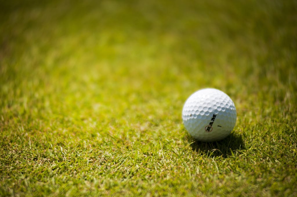 A golf ball resting on vibrant green grass, ideal for sports and outdoor themes.